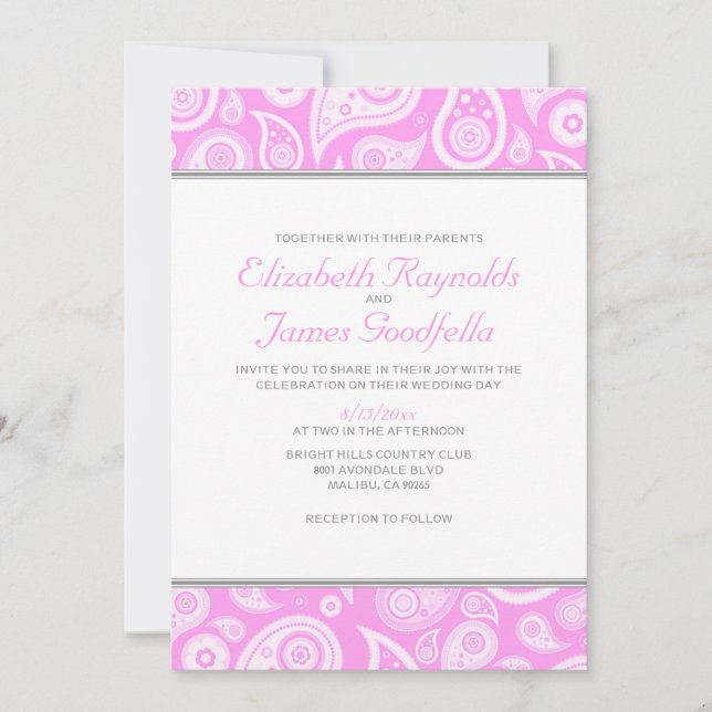 Convites para Casamento de Paisley Rosa (Frente)