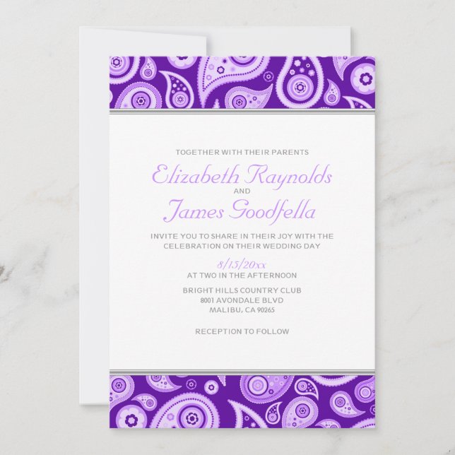 Convites para Casamento de Paisley Roxo (Frente)