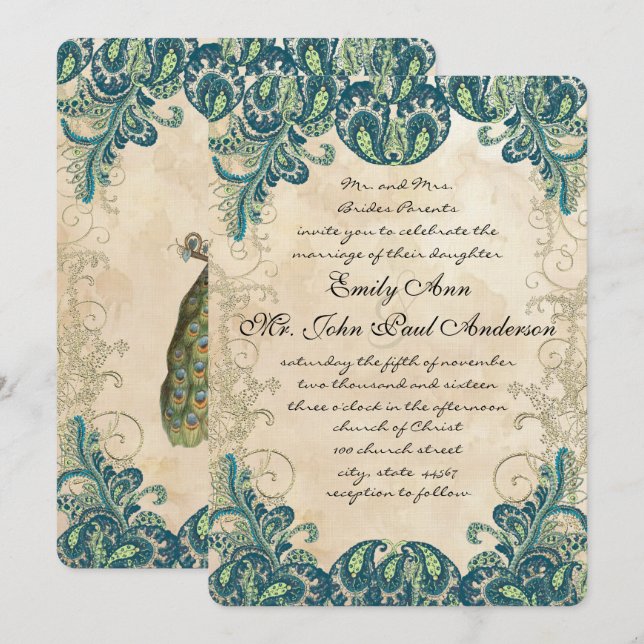 Convites para Casamento de Pavões Dourados e Limõe (Frente/Verso)