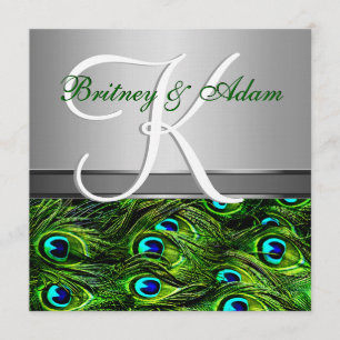 Convites para Casamento de Pavões Verde Silver e 