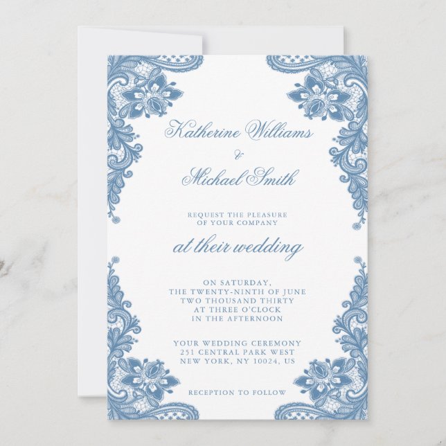 Convites para Casamento de rendas azuis elegantes (Frente)