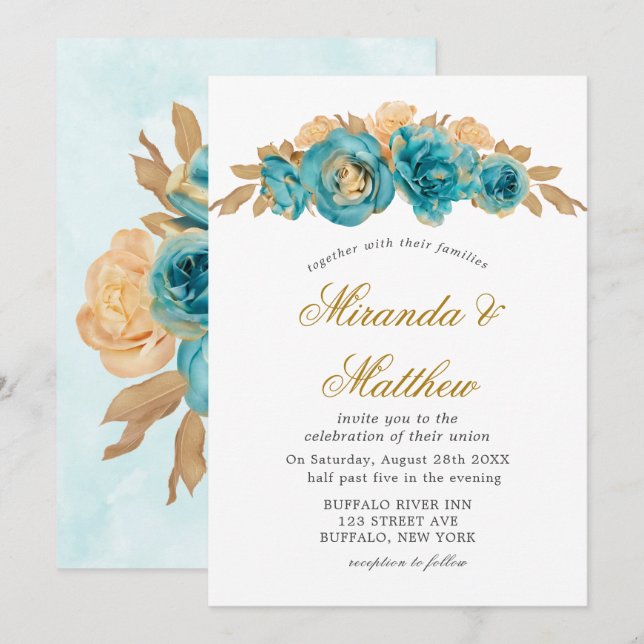 Convites para Casamento de Rosas Dourados de Teal  (Frente/Verso)