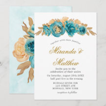 Convites para Casamento de Rosas Dourados de Teal 