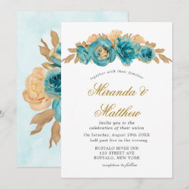 Convites para Casamento de Rosas Dourados de Teal 