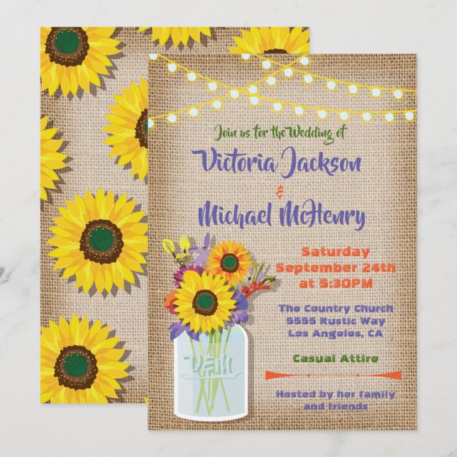 Convites para Casamento de Sunflower Mason Jar Bur (Frente/Verso)