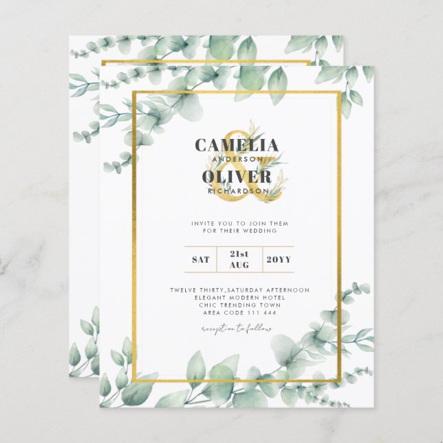 Convites para Casamento Dourado com Verde Botânico (Frente/Verso)