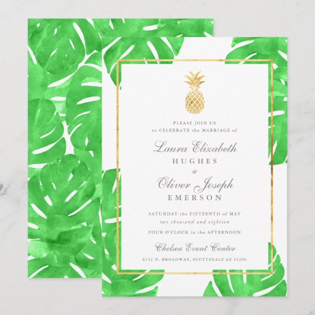 Convites para Casamento Dourado de Abacaxi Tropica (Frente/Verso)