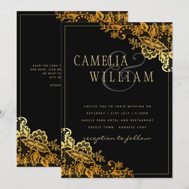 Convites para Casamento Dourado de Locais Pretos (Frente/Verso)