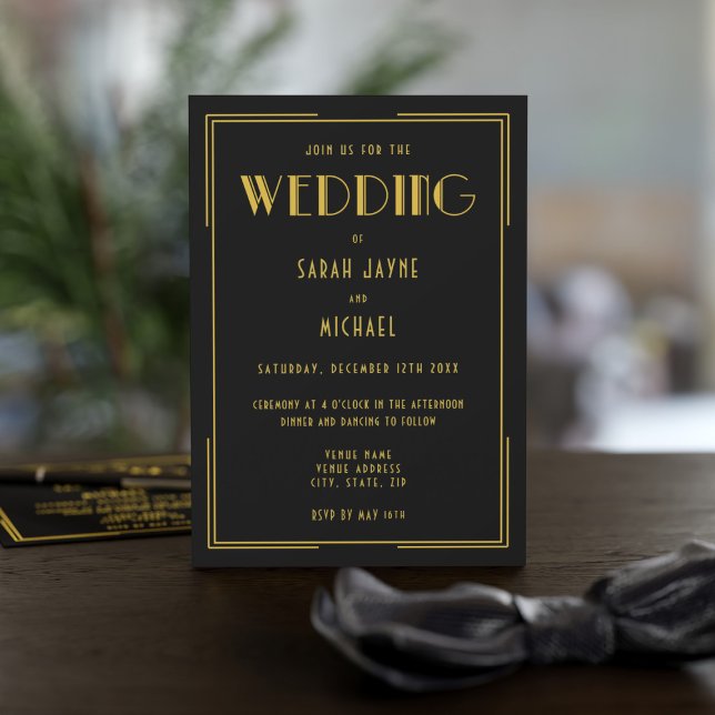 Convites para Casamento Dourado Gatsby Deco de Est (Add your details to this black and gold 1920s themed wedding invitation)