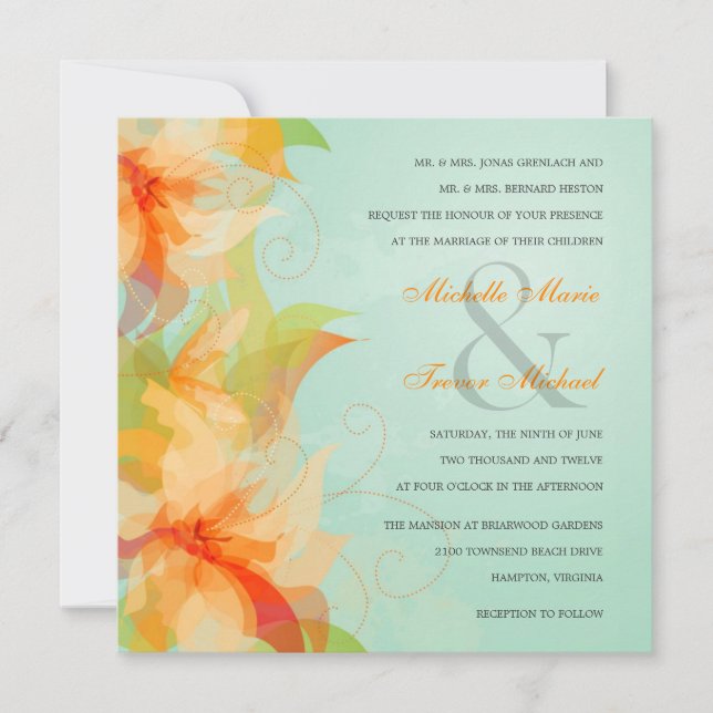Convites para Casamento Floral Aqua Tropical (Frente)