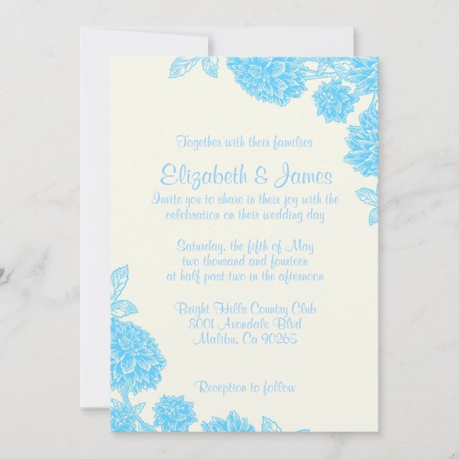 Convites para Casamento Floral Azul de Luxo (Frente)