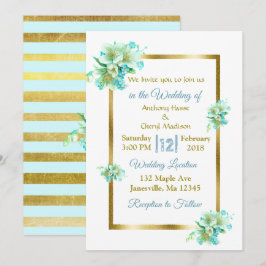 Convites para Casamento Floral Azul e Dourado