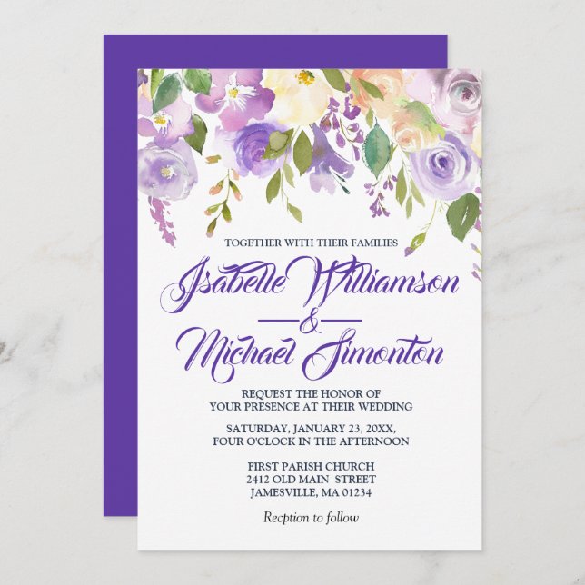 Convites para Casamento Floral Branca Roxo Rústico (Frente/Verso)