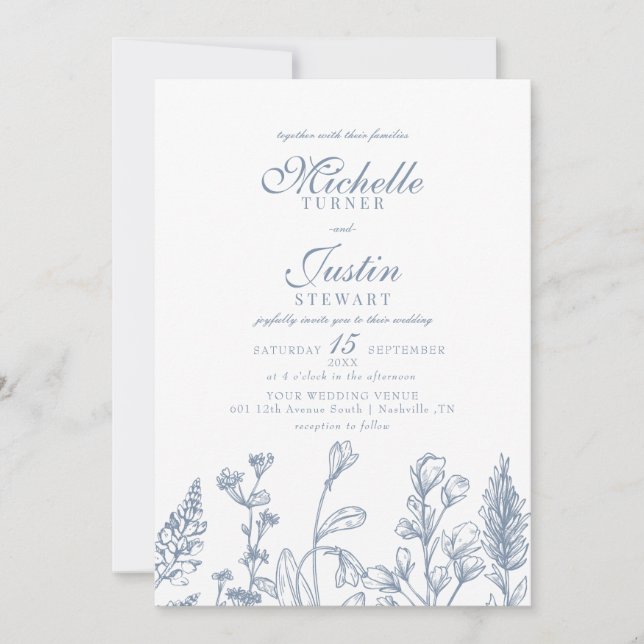 Convites para Casamento Floral de Azul Dusty (Frente)