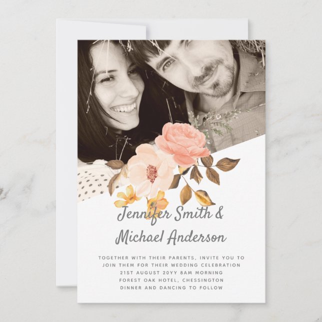 Convites para Casamento Floral de Bronze Dourado d (Frente)