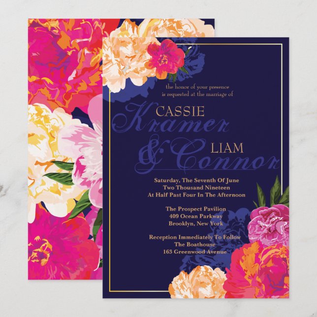 Convites para Casamento Floral de Marinho Elegante (Frente/Verso)