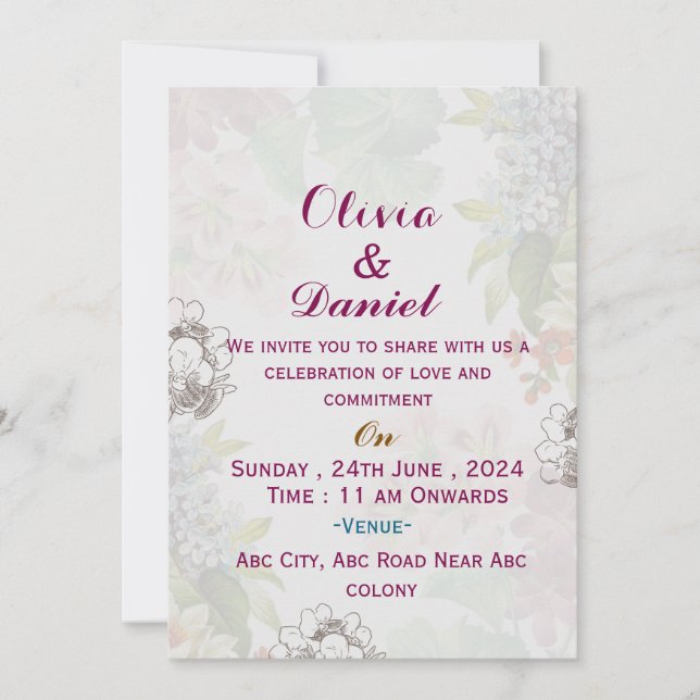 Convites para Casamento Floral em Inglês (Frente)