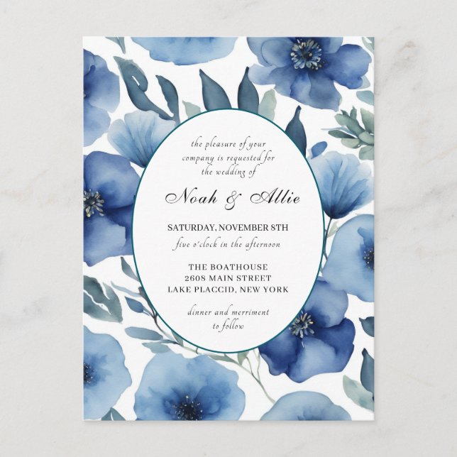 Convites para Casamento Floral Serene Blue (Frente)