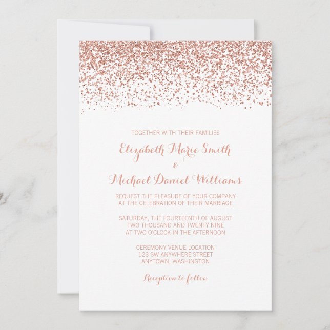 Convites para Casamento Glitter Dourado com Rosa d (Frente)