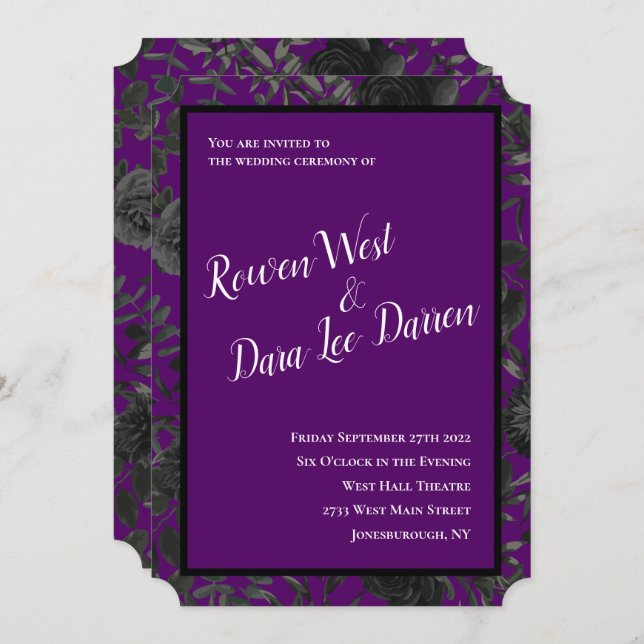 Convites para Casamento Gótico em Roxo e Rosa Negr (Frente/Verso)