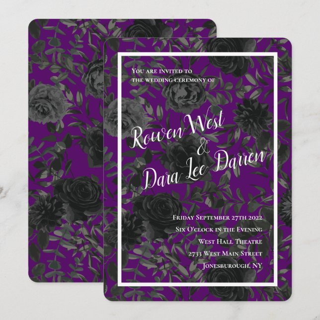 Convites para Casamento Gótico em Roxo e Rosa Negr (Frente/Verso)