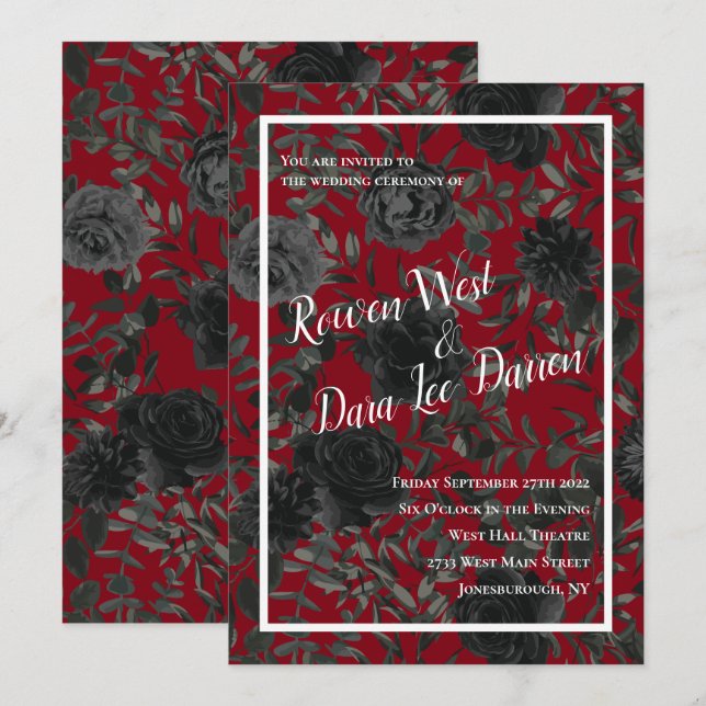 Convites para Casamento Gótico Rosa, Vermelho e Ne (Frente/Verso)