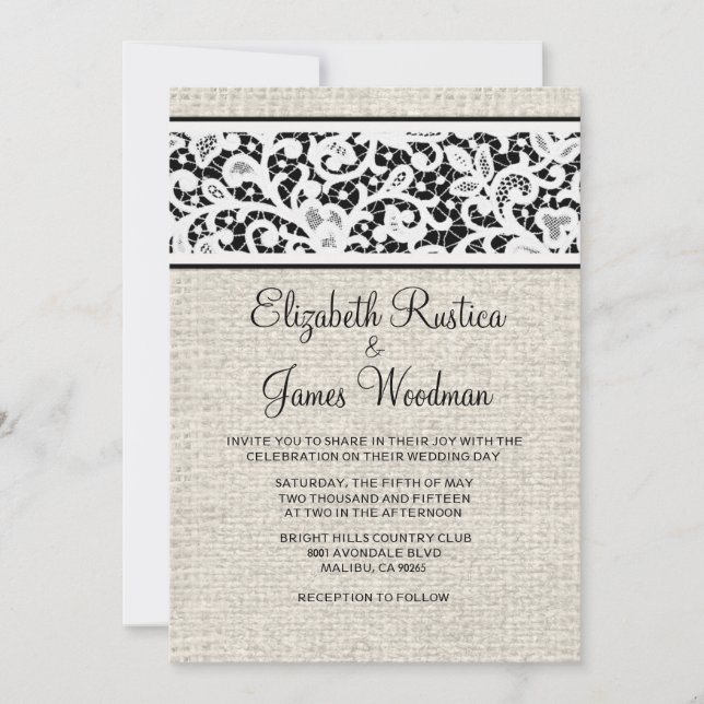 Convites para Casamento Linen Black White Country (Frente)