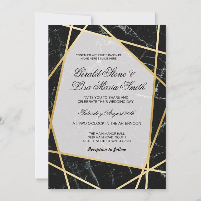 Convites para Casamento Marble Negro Elegante Dour (Frente)