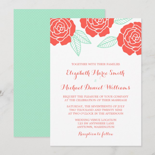 Convites para Casamento Moderno de Coral e Rosa de (Frente/Verso)