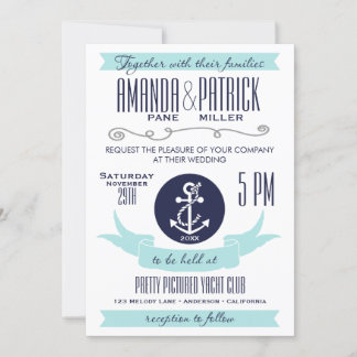 Convites para Casamento Náutico Azul de Âncora Mod