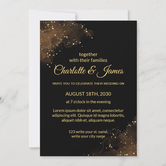 Convites para Casamento Preto Floral Moderno Elega (Frente)