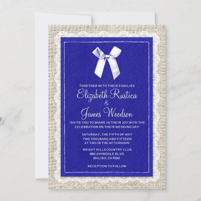 Convites para Casamento Real Blue Country Burlap (Frente)