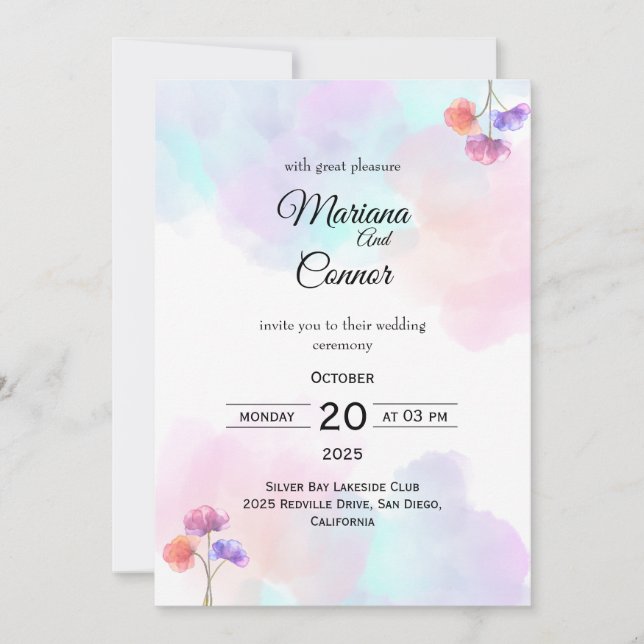 Convites para Casamento Rosa e Azul Sonhos (Frente)