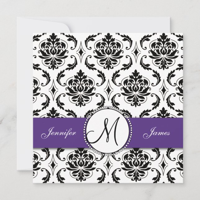 Convites para Casamento Roxo Preto Damask (Frente)