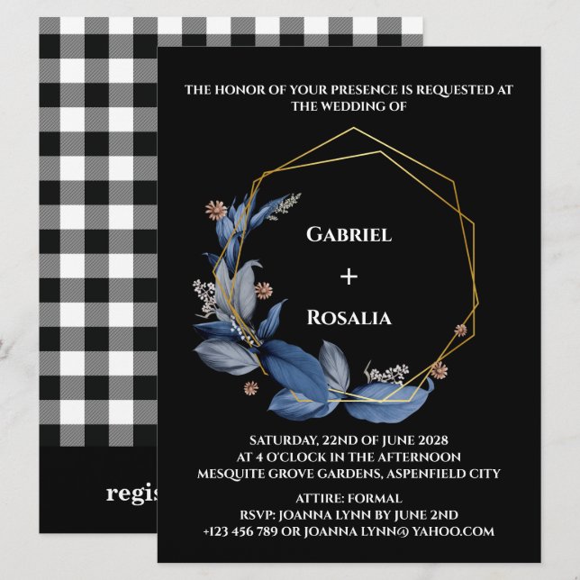 Convites para Casamento Russo Negro e Azul (Frente/Verso)