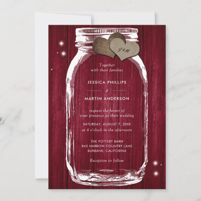 Convites para Casamento Rustic Burgundy Wood Mason (Frente)