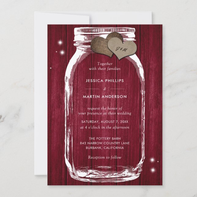 Convites para Casamento Rustic Burgundy Wood Mason (Frente)