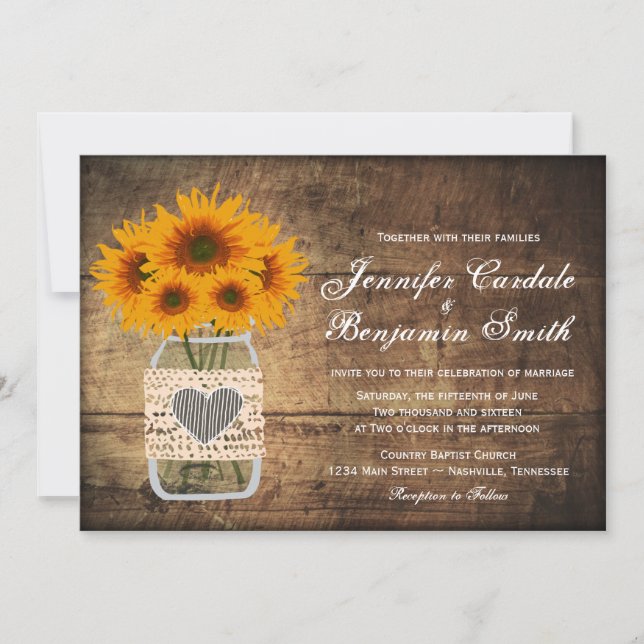 Convites para Casamento Rustic Mason Jar Sunflower (Frente)