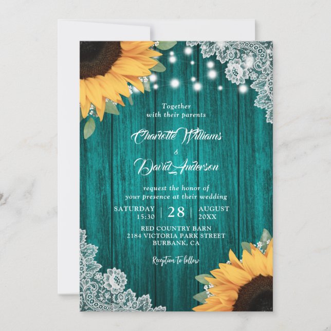 Convites para Casamento Rustic Teal e Sunflower (Frente)