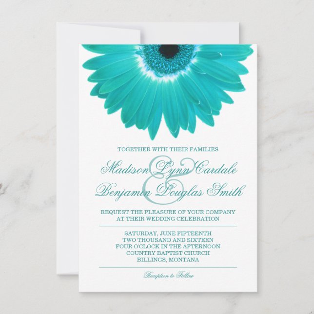Convites para Casamento Teal Turquoise Aqua Daisy (Frente)
