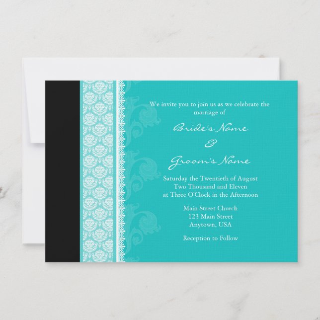Convites para Casamento tema damasco A6 Turquesa O (Frente)