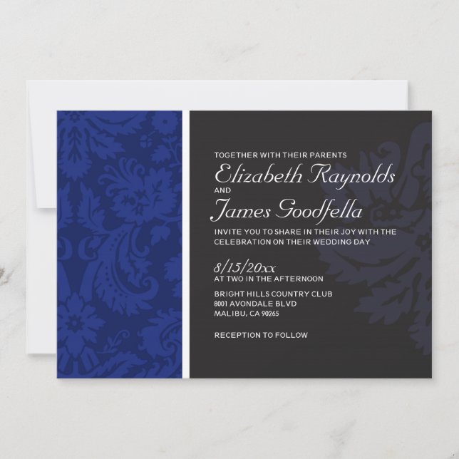 Convites para Casamento tema damasco Azul Marinho (Frente)
