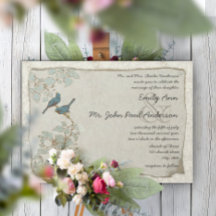 Convites para Casamento tema damasco de Aves Azul 