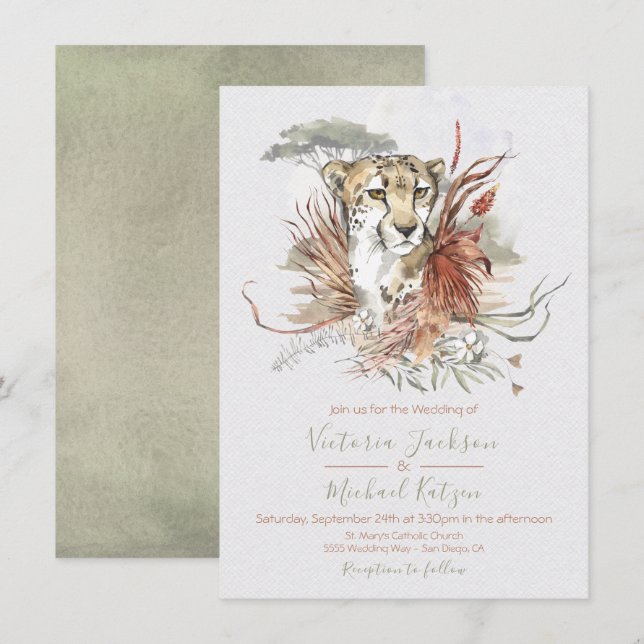 Convites para Casamento Tropical Jungle Cheetah (Frente/Verso)