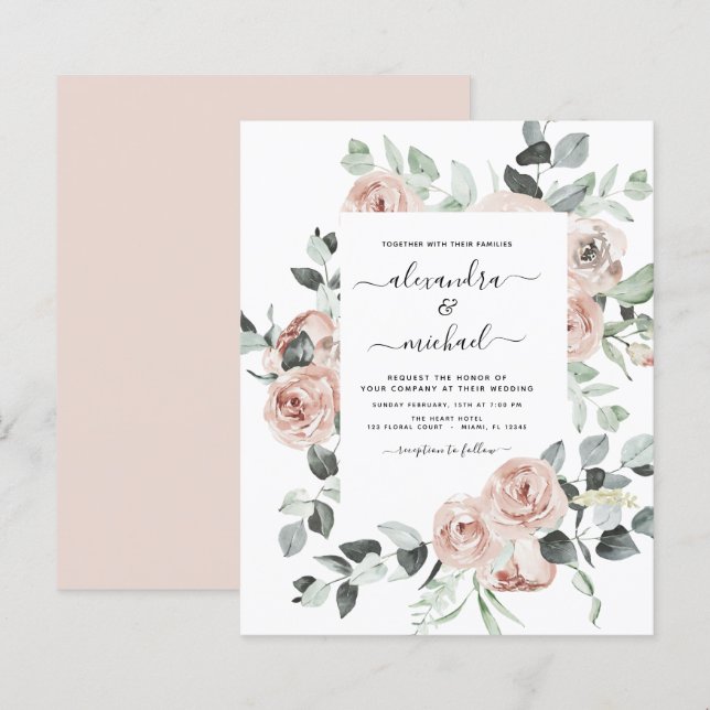 Convites para Casamento Verde Rosa-Cinza com Durez (Frente/Verso)