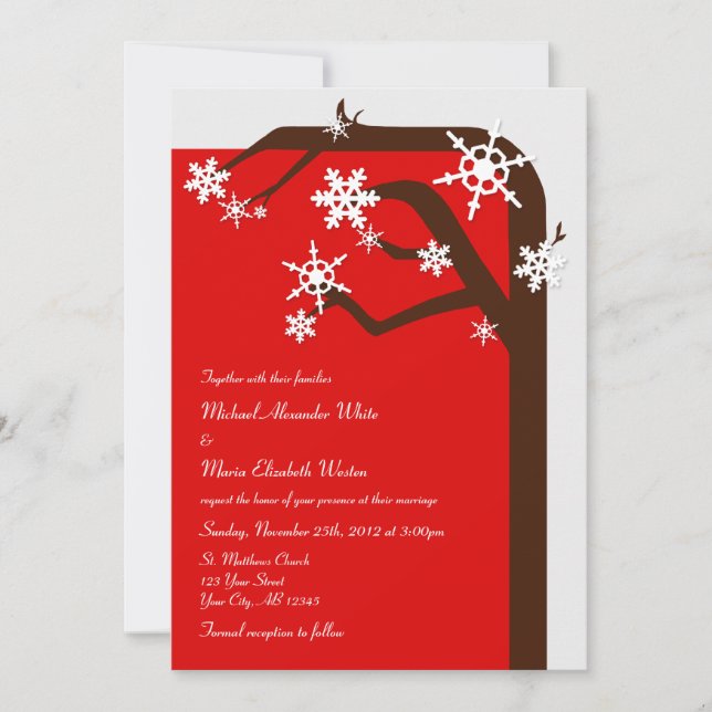 Convites para Casamento Vermelho com Floco de Neve (Frente)