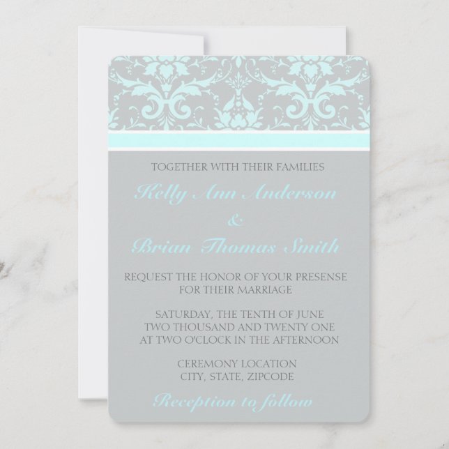 Convites para Casamentos tema damasco Azul Elegant (Frente)