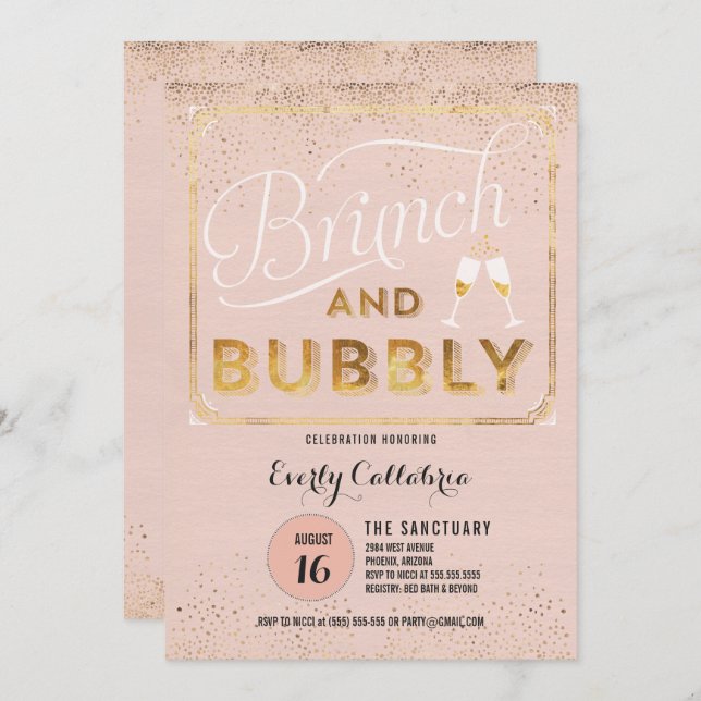 Convites para Chás Dourados de Brunch e Bubble Ros (Frente/Verso)