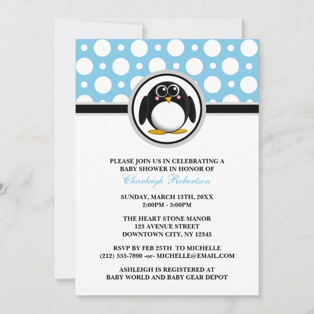 Convites para Chuveiro De Bolinhas Azul Pinguim (Frente)