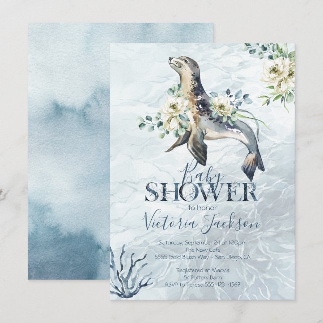 Convites para chuveiro de focas tropicais (Frente/Verso)